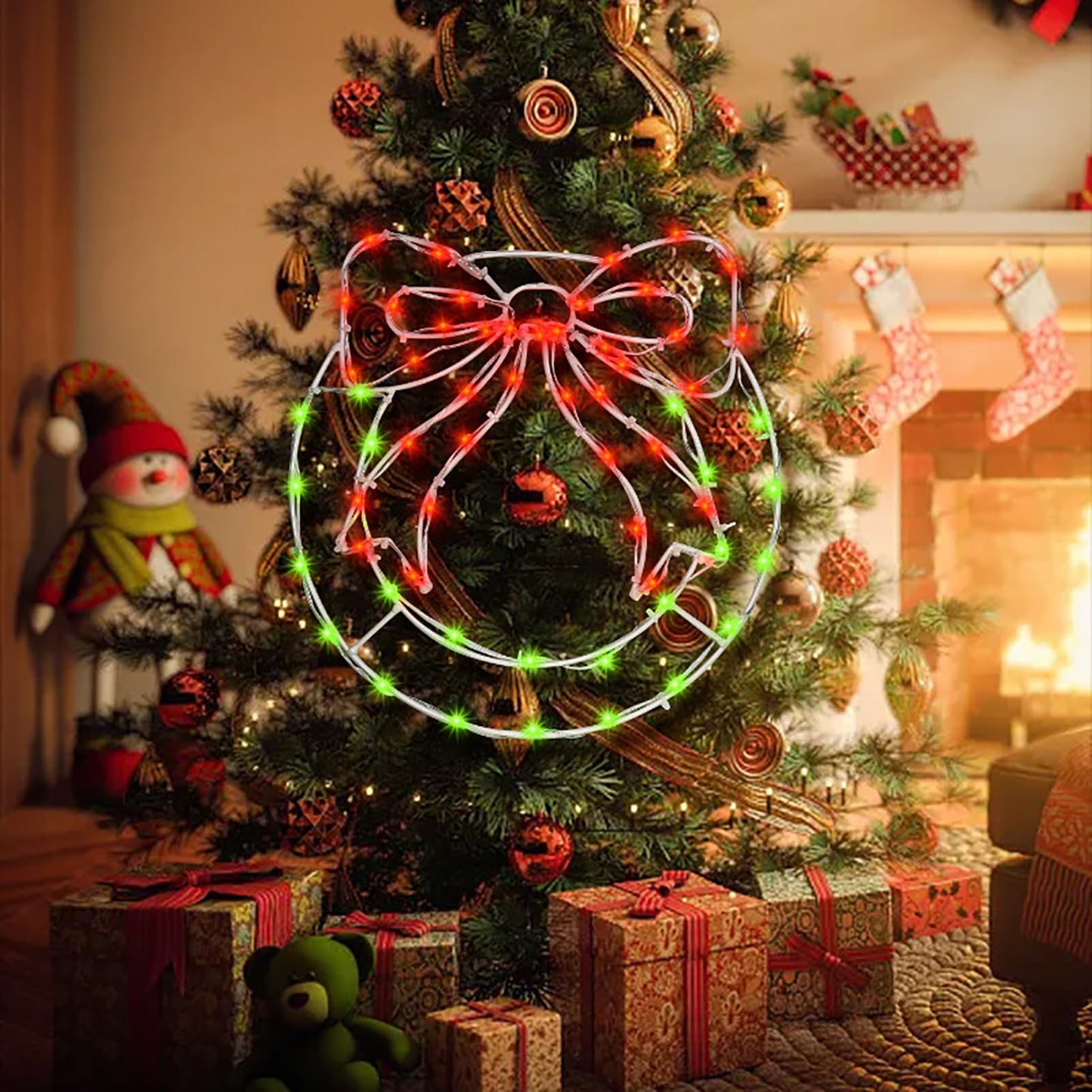 Christmas Wreath Window Silhouette Lights - 12.5" x 13.5" Bright LED Christmas Wreath with Bow, 8 Modes USB Powered / Battery Operated Window Lights for Wall Door Home Party Decor, Red and Green