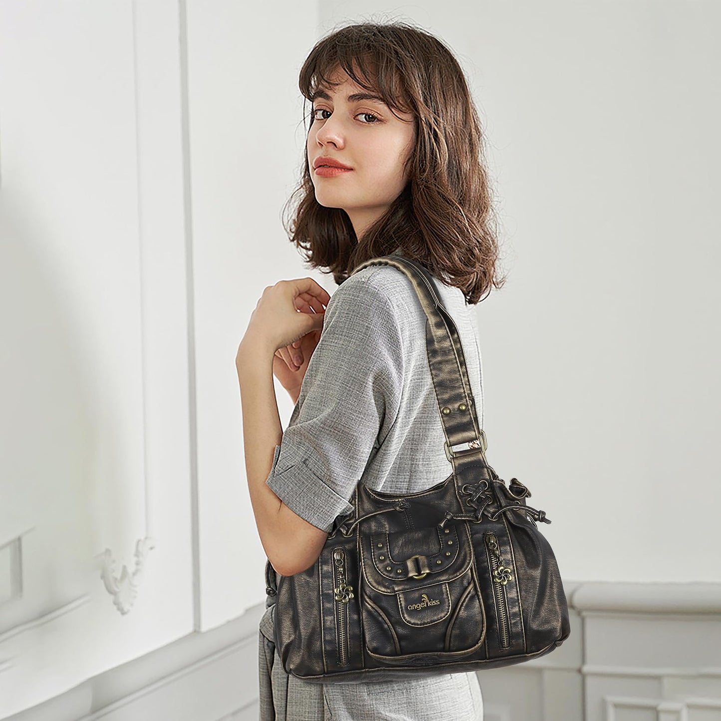 Angel Kiss Small hobo Bags for Women Retro Washed Leather Shoulder Handbag Roomy Top Handles Purses With Removable Strap