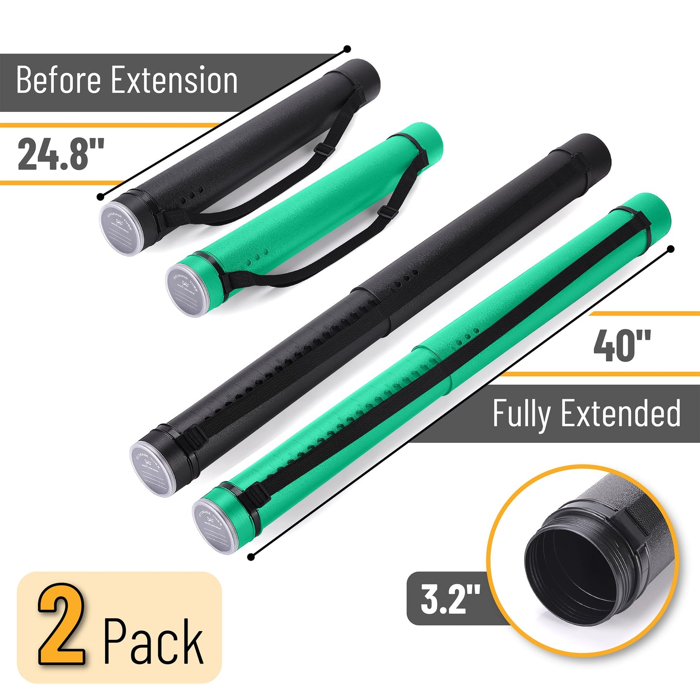 Mr. Pen- Poster Tube, 2 Pack, Black and Green, Extendable Poster Tube with Strap, Poster Carrying Case, Telescoping Tube, Art & Poster Transport Tubes, Poster Tubes for Storage, Poster Holder Tube