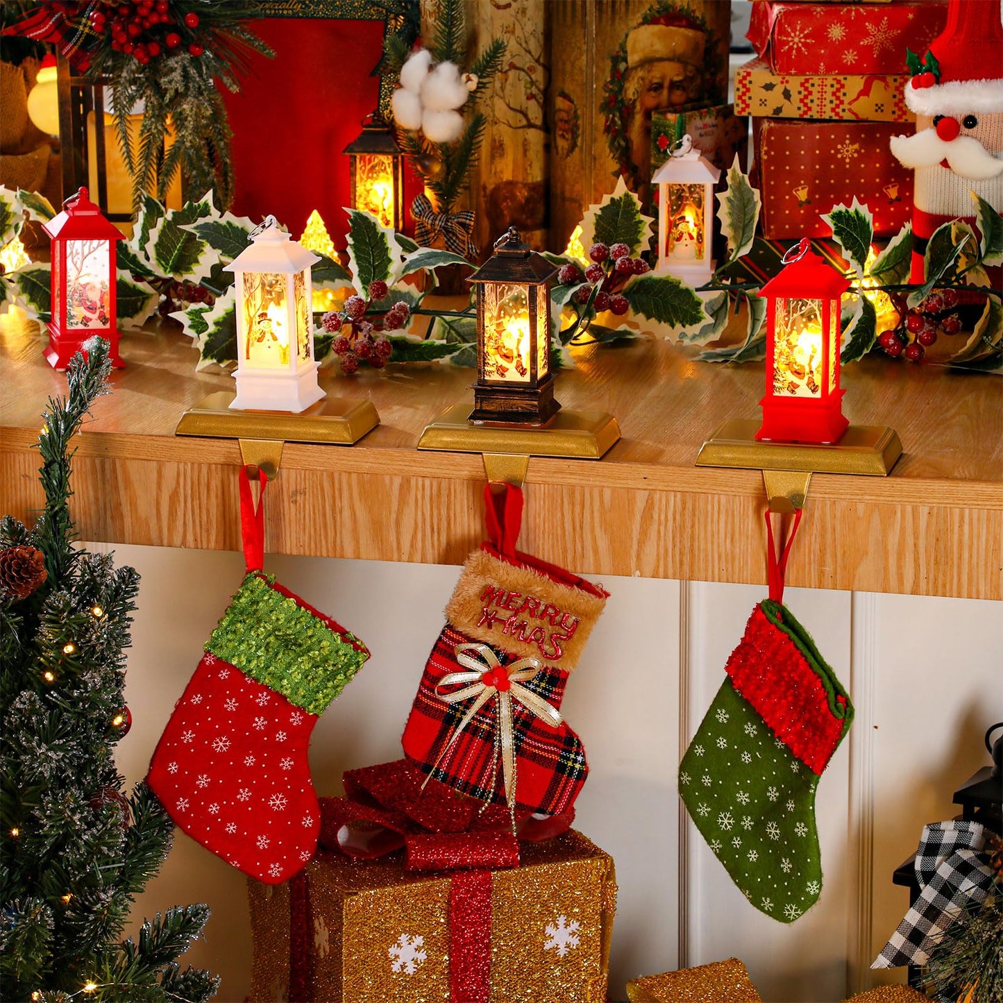 Ceenna 6 Sets Christmas Stocking Holders for Mantle with LED Light Xmas Stocking Fireplace Hooks Hanger Christmas Decoration for Fireplace Mantle