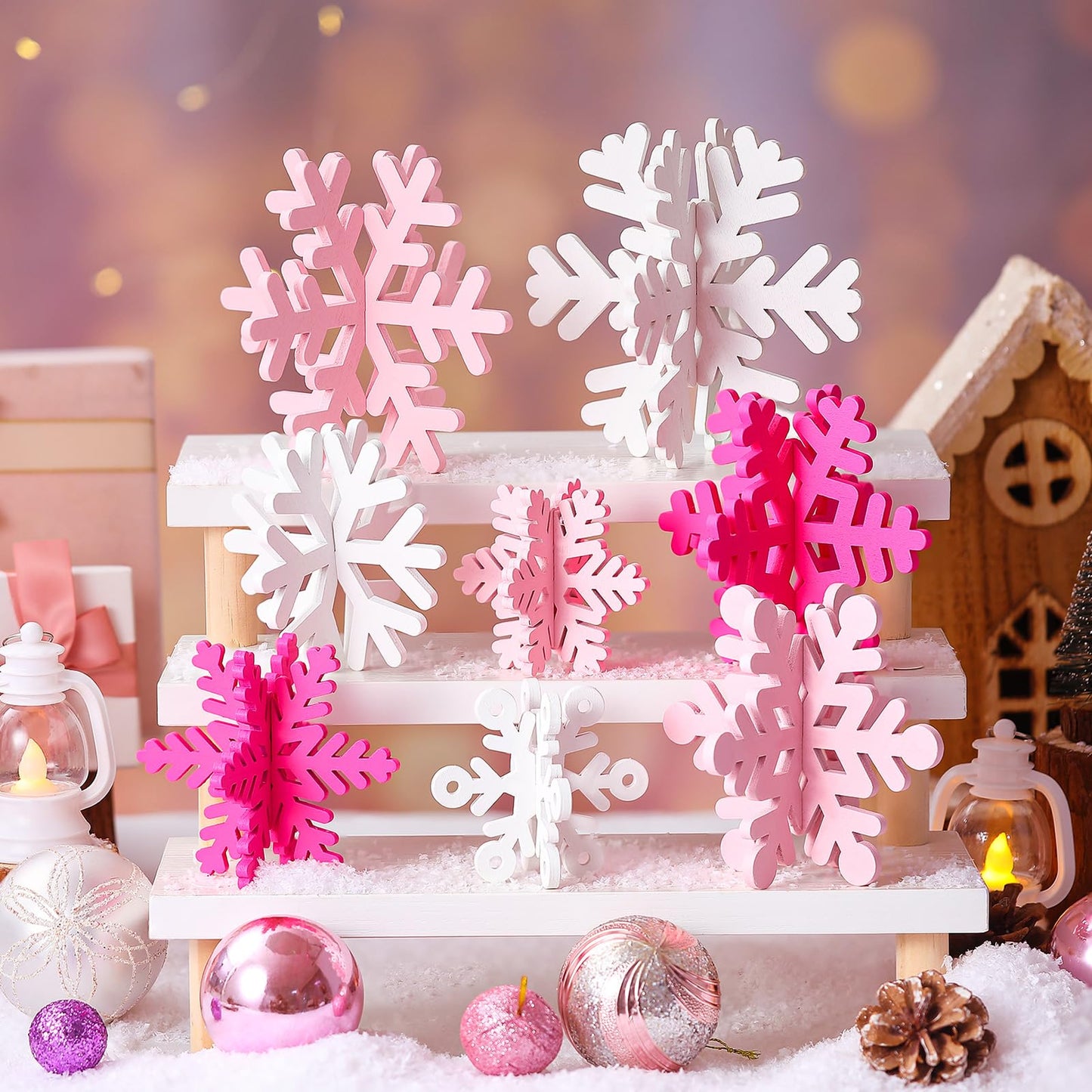 Wenqik 16 Pcs Winter Wooden Snowflake Decor Christmas Winter Snowflake Tabletop Decorations 3D Snow Table Signs Standing Centerpiece Xmas Tiered Tray Decorations for Party(White,Pink)