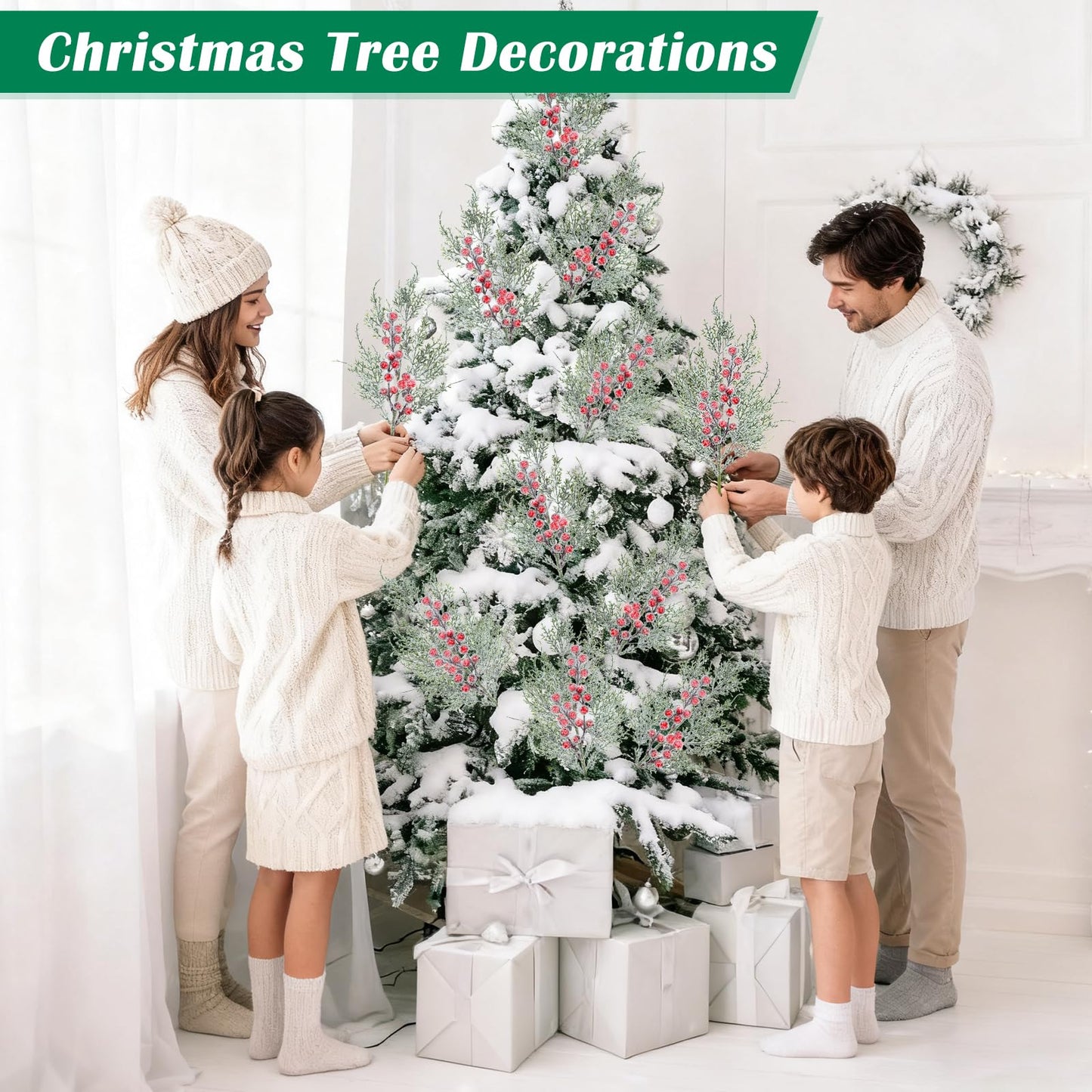 GoClimber 6 Pcs Snowy Artificial Cedar Picks with Red Berries, Christmas Tree Picks Frosted Faux Cedar Sprays with Greenery Branches Stems, Floral Picks for Vase Fillers Craft Wreath Holiday Décor