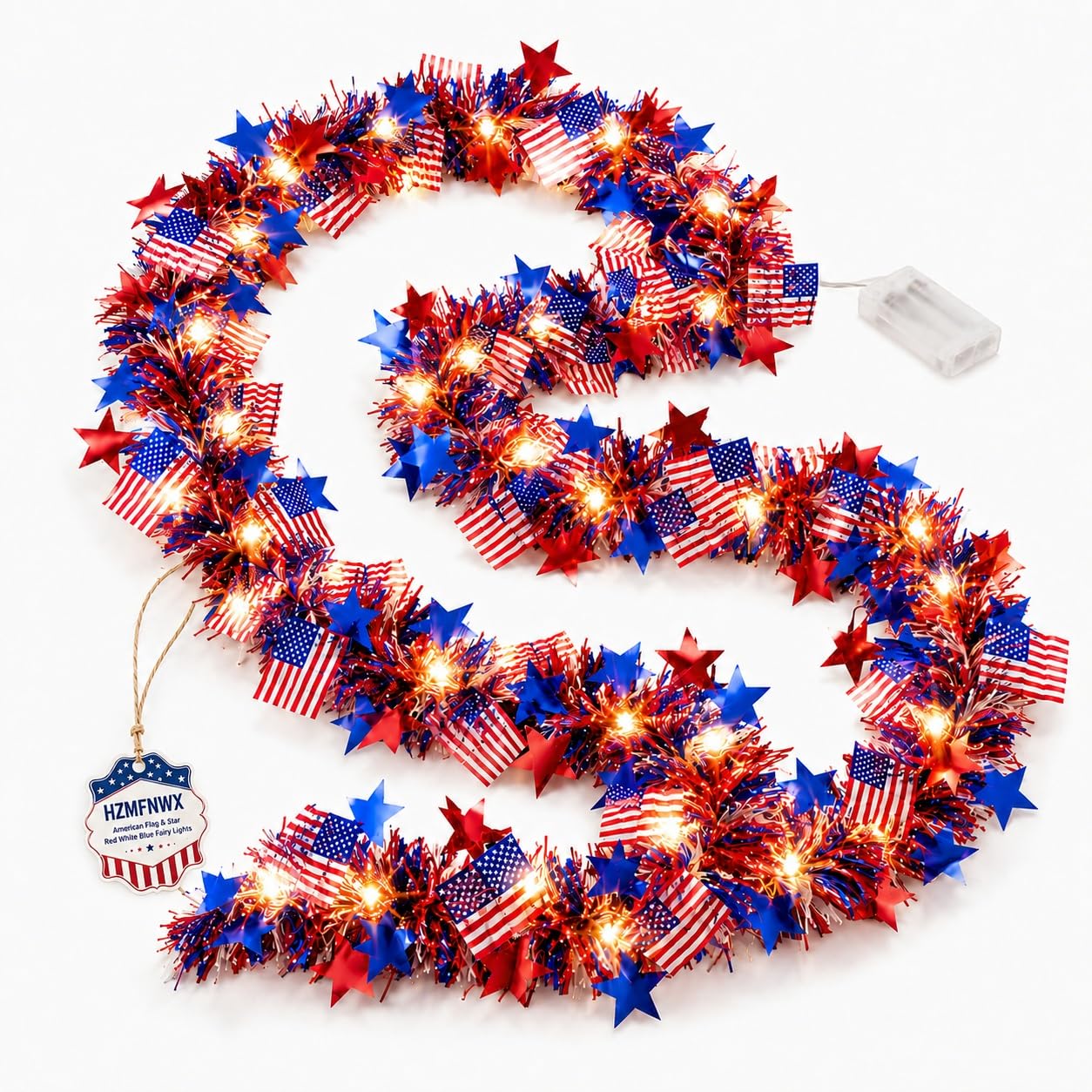 American Flag & Star Red White Blue Fairy Lights, Battery Operated Patriotic Lights with Tinsel Garland, Warm White LED 4th of July Decorations for Memorial Day Independence Day Decor(20 FT,1pc)