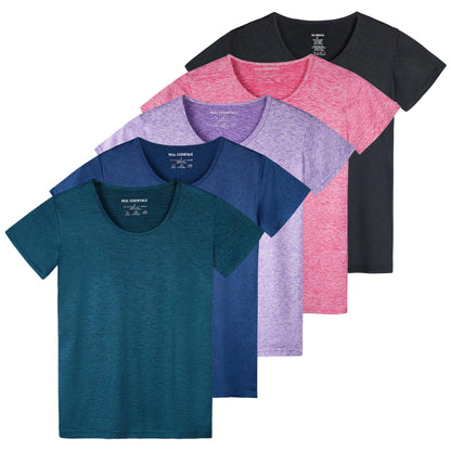 Real Essentials 5 Pack: Women's Short Sleeve T-Shirts Workout Tops Fitness Pilates Gym Activewear Athletic (Plus Available), Set 7, L, Pack of 5