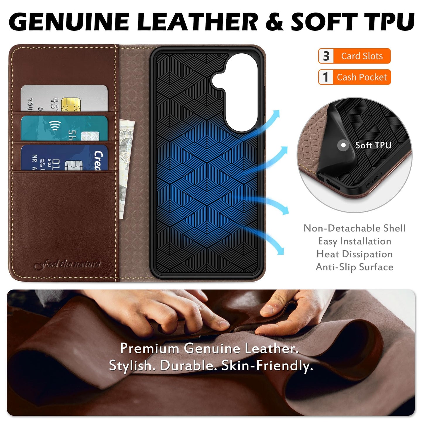 SHIELDON Case for Galaxy S26 Plus 2026, Genuine Leather Wallet Case, RFID Blocking Credit Card Holder Kickstand Magnetic Folio Protective Cover Compatible with Galaxy S26+ 6.7" - Retro Coffee