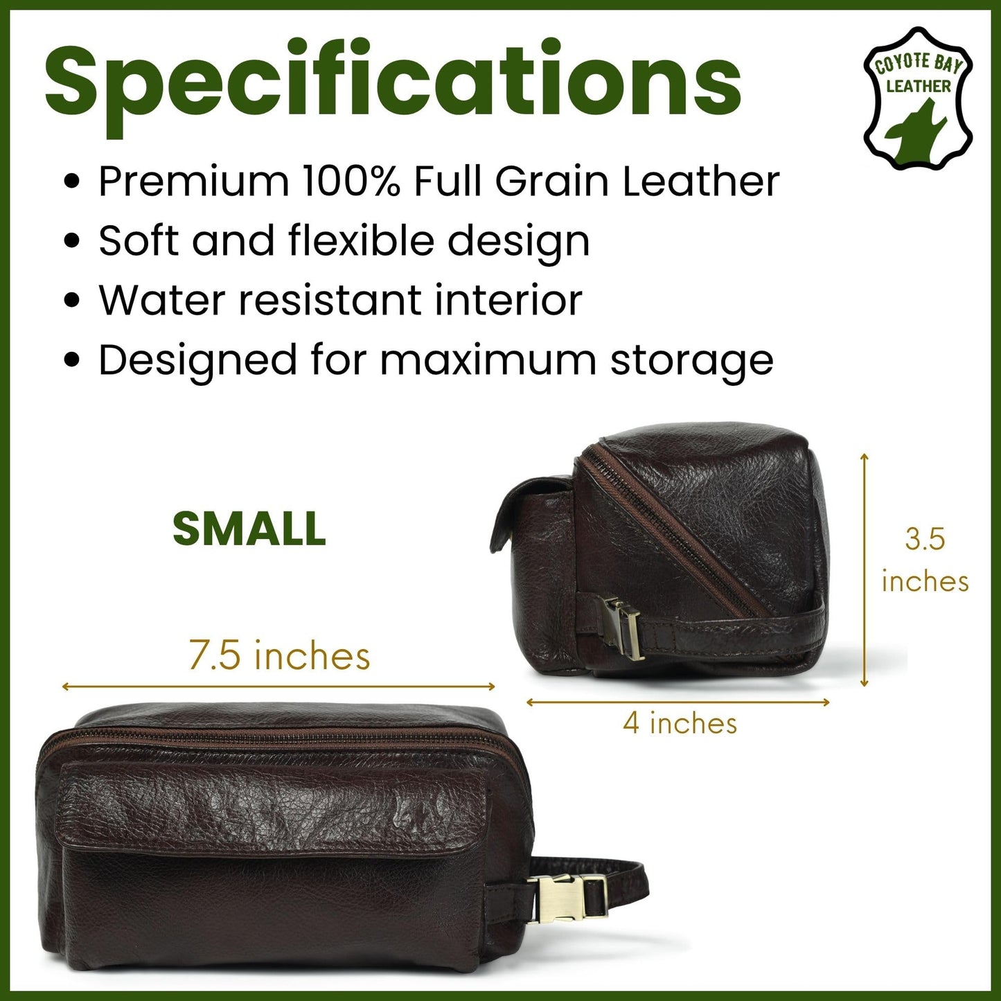 Coyote Bay® Flypouch Premium Full Grain Soft Leather Makeup Bag Small 7.5 Inch, Travel Organizer Pouch, Shaving Kit, Cosmetics Toiletry Bathroom Organizer Kit (Brown, Small)