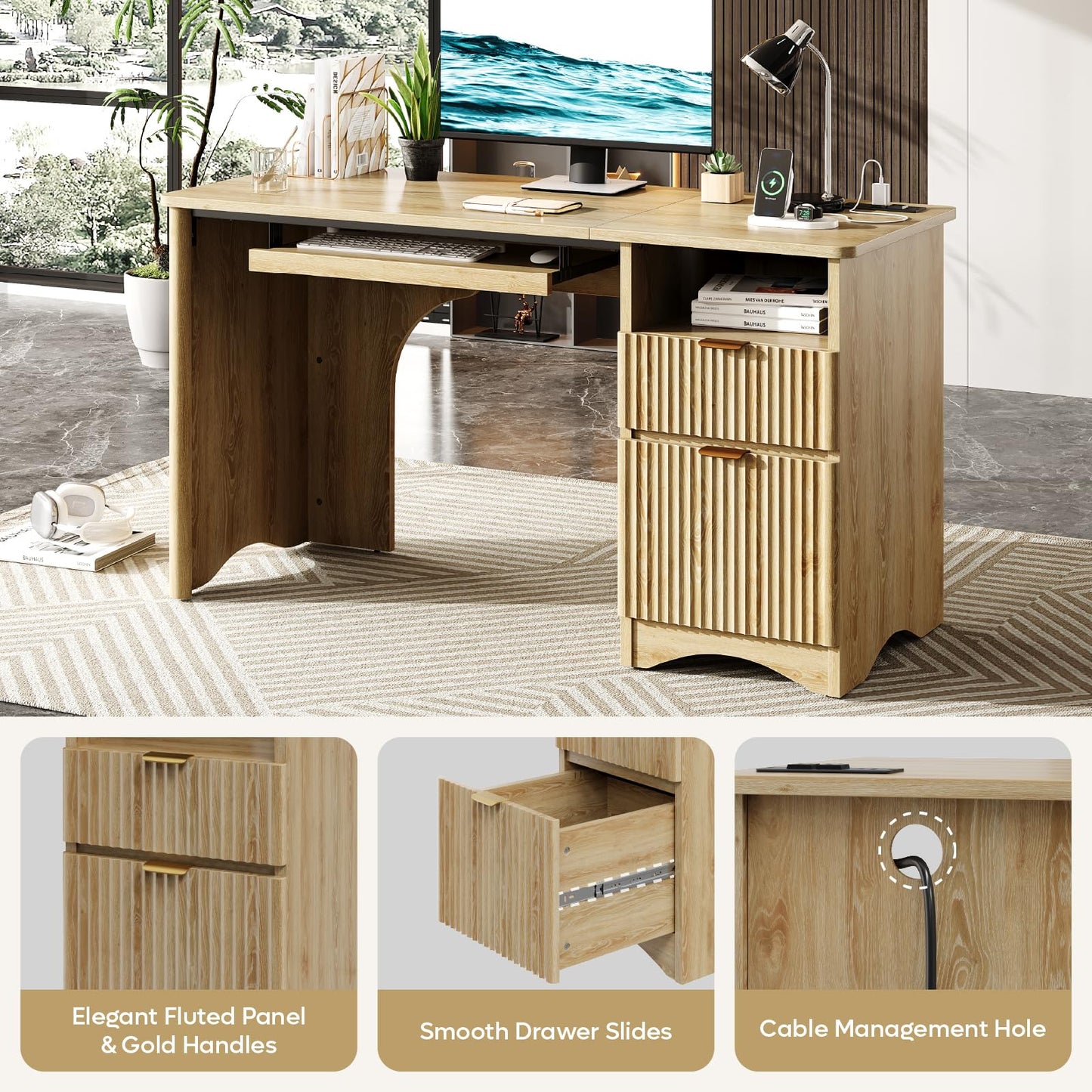 Bestier Computer Desk with Drawer, 55 inch Office Desk with Power Outlet, Modern Home Office Desk with Keyboard Tray (Natual Oak, 55" W with Single-Sided Drawers)
