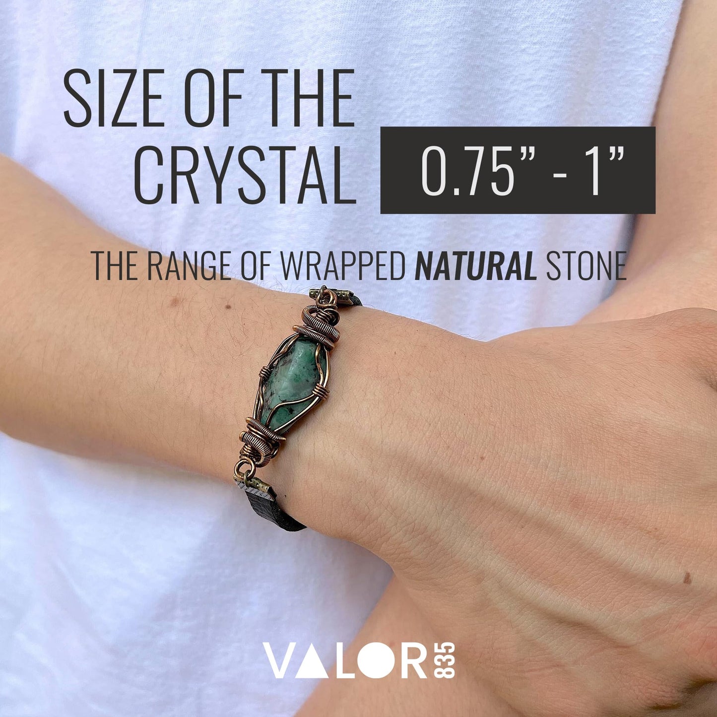 Valor 835 Raw Emerald Mens Bracelet | Copper Wire Wrapped Crystal Bracelet for Men, Genuine Leather Cord with Magnetic Clasp, Gifts for Him, Gifts for Men, Mens Jewelry, Green Stone Jewelry