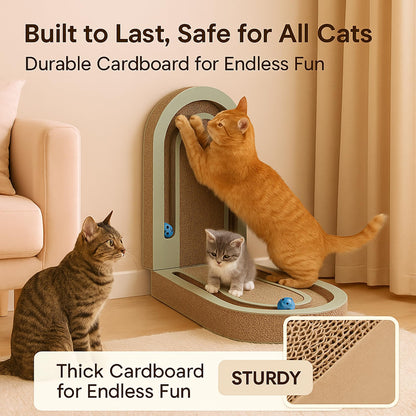 LEQOS Extra Long 26" Folding Cat Scratch Pad with Chasing Bells Double Sided Interactive Cardboard Cat Scratcher Cat Scratching Board for Cats Cardboard Scratching Pads for Indoor Cat Toy