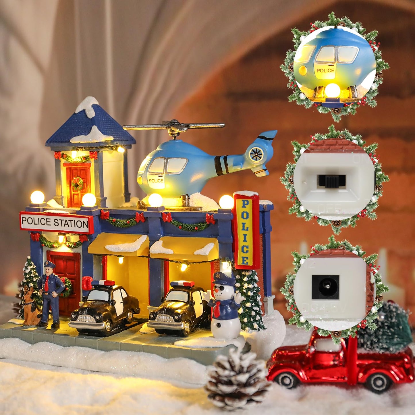 Vipush Christmas Village House Decorations Resin Police Station Home Decor Indoor Building Figurines Revolving Train with LED Light and 8 Christmas Music for Kids
