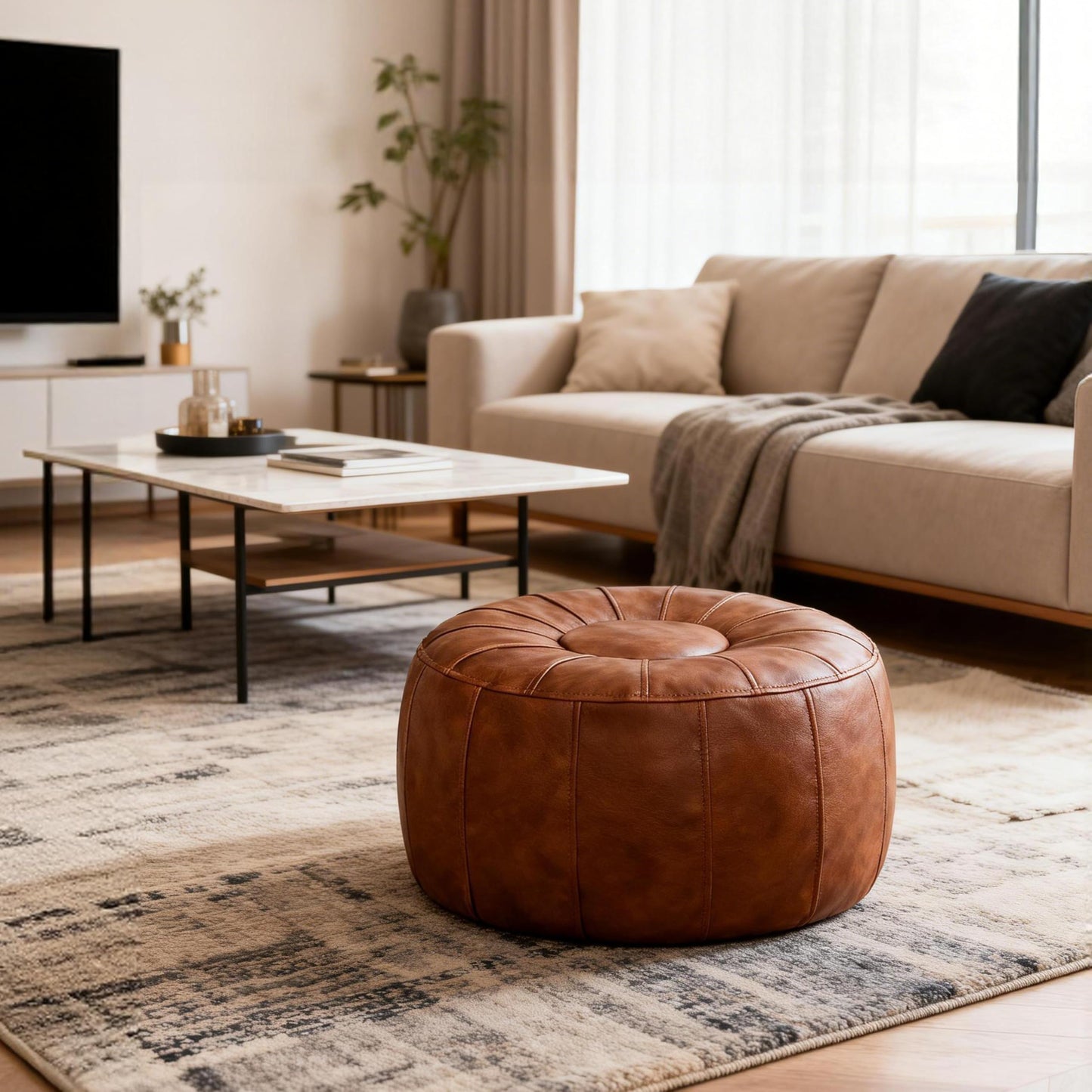 Thgonwid Unstuffed Moroccan Storage Pouf Foot Stool Ottoman Seat Handmade Faux Leather Bean Bag Floor Chair Foot Rest for Living Room, Bedroom or Balcony (Light Brown)