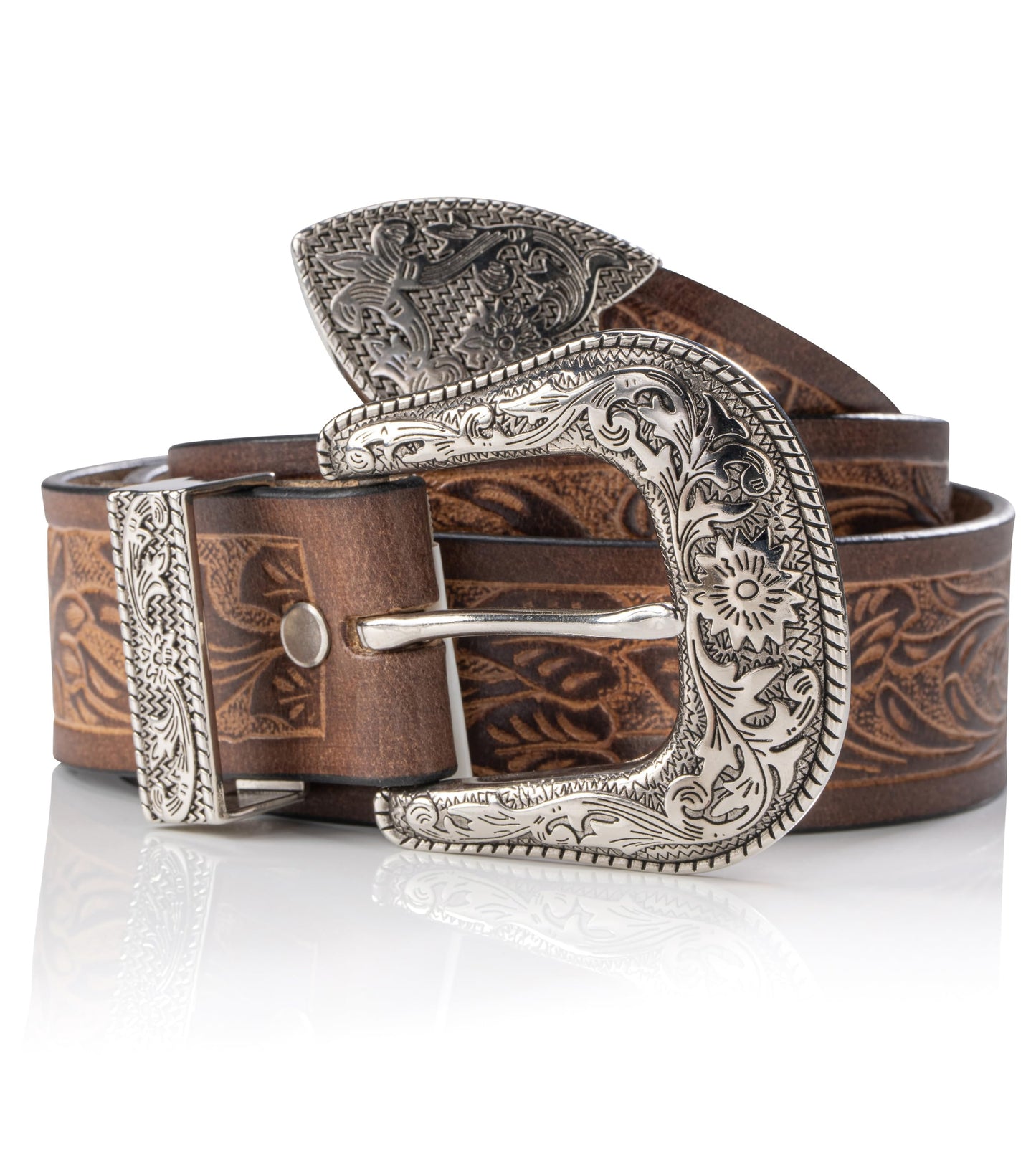 Angus Stoke western belt - Genuine buffalo leather - men's cowboy western & rodeo belt - hand-carved leather belt Jessy (Brown, 34-36")