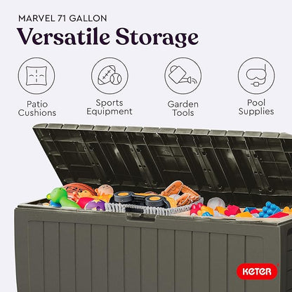 Keter Marvel Plus 71 Gallon Resin Outdoor Storage Box for Patio Furniture Cushions, Throw Pillows, Garden Tools and Pool Floats, Taupe
