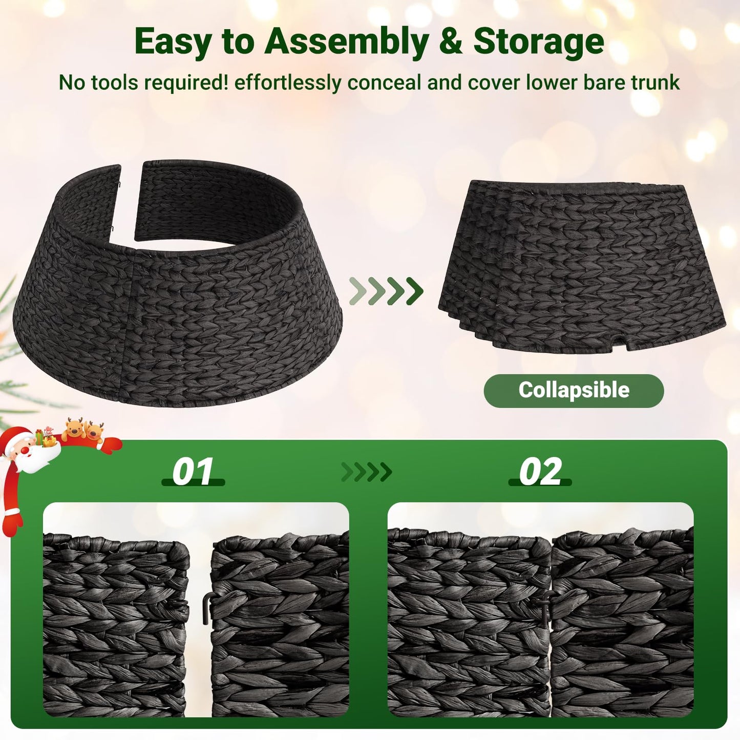 ELYKEN 28-Inch Woven Rattan Christmas Tree Collar, Stylish Hyacinth 5-Piece Tree Skirt for Artificial Trees, Wicker Tree Base Cover with Cord Cut-Out for Home Decor, Living Room Display, Black