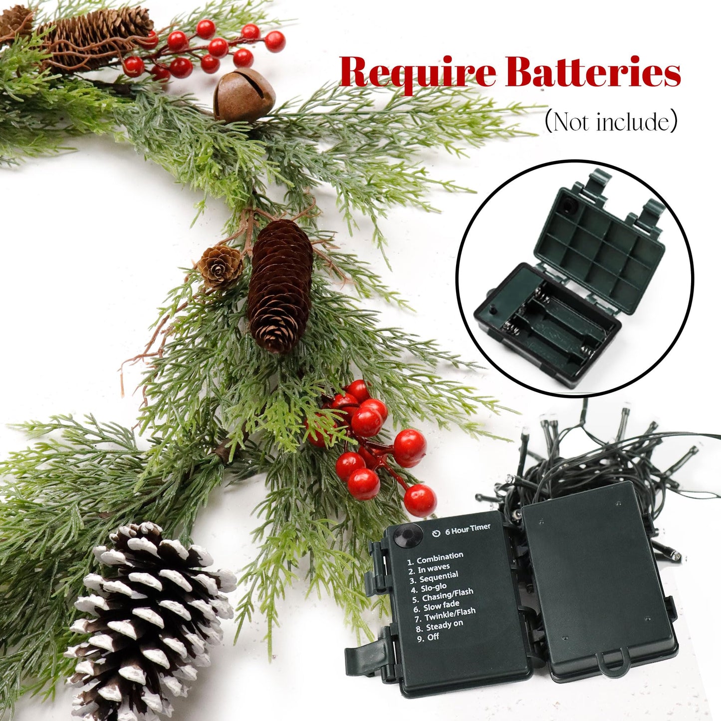 9FT Christmas Cedar Garland with Lights,Artificial Realistic Battery Operated Green Garland Christmas Decorations for Home Mantel Stairs Railing Dining Table Winter Decor