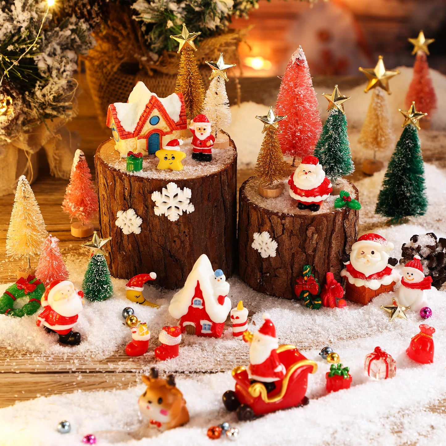 Roowest 96 Pcs Miniature Ornaments for Snow Globe Kit DIY Christmas Village Decoration Christmas Figurines Mini Ornaments with Snowman Reindeer Santa Claus Snowflake(Green)