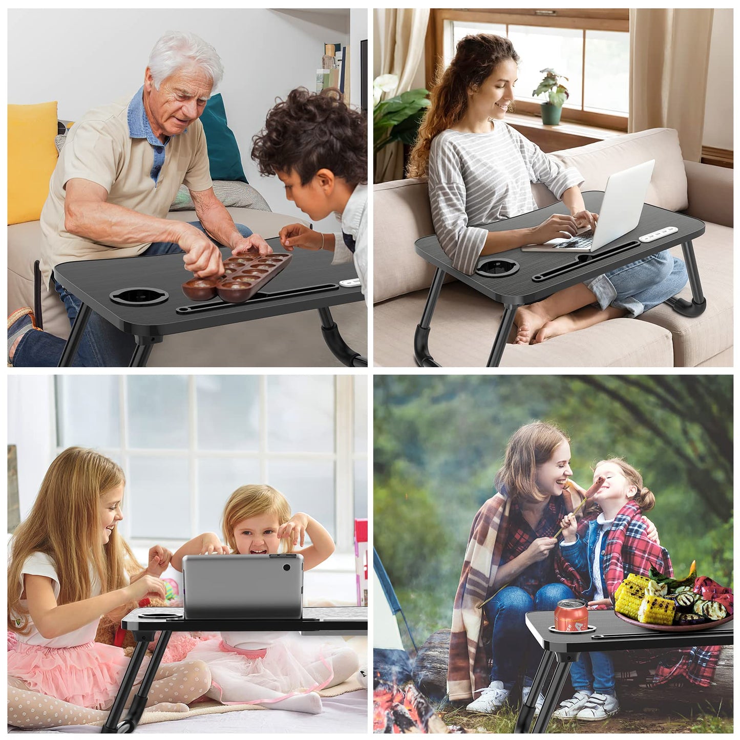 Zapuno Laptop Lap Desk, Foldable Laptop Table Tray with 4 USB Ports Storage Drawer and Cup Holder, Lap Bed Desk Notebook Stand Laptray Portable Standing Table for Bed Couch Floor