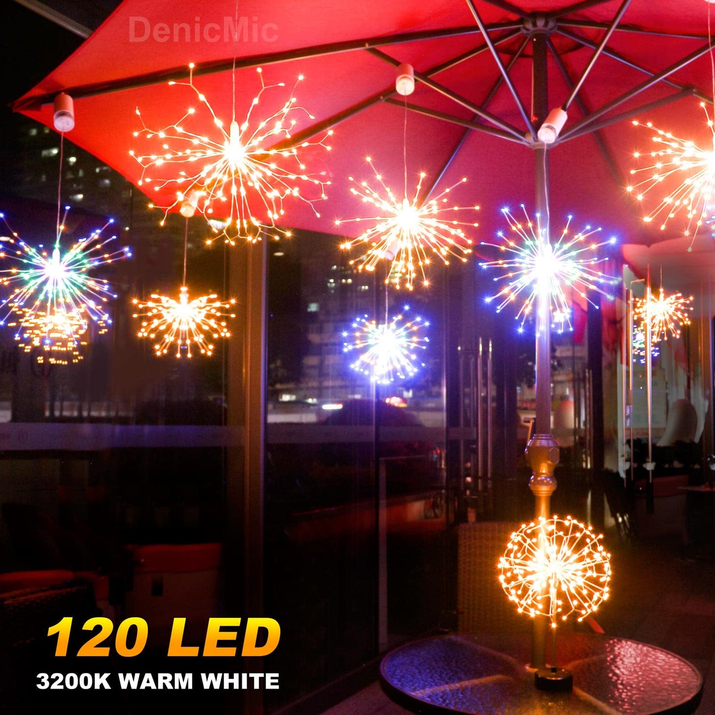 DenicMic Firework Starburst Lights 3200K Warm White 8 Mode LED Battery Operated Chandelier Star Lights with Remote, Hanging Decorations Indoor Outdoor