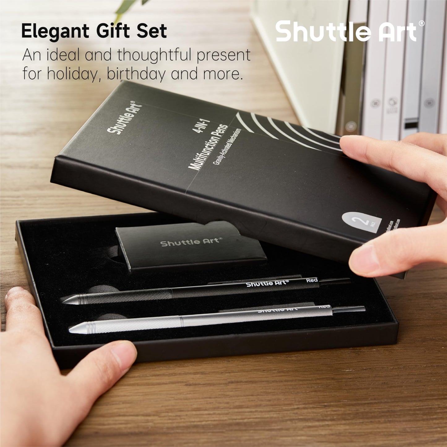 Shuttle Art 4 in 1 Gravity-activated Multicolor Pen, 2 Pack Retractable Ballpoint Pens with 1.0mm Black Blue Red Ink and 0.5mm Mechanical Pencil, Pens Gift Set for Writing Note Taking School Office