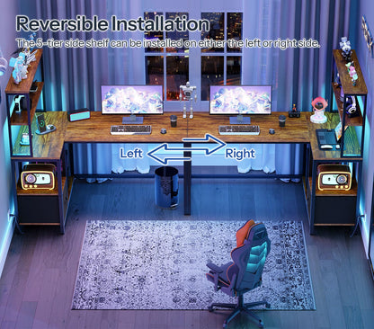 HOOBRO L Shaped Gaming Desk, 46 Inch Reversible Computer Desk with LED Light & Power Outlet, Office Desk with Storage Shelves & Drawer, for Home Office, Study, Rustic Brown and Black BF18UDDN01
