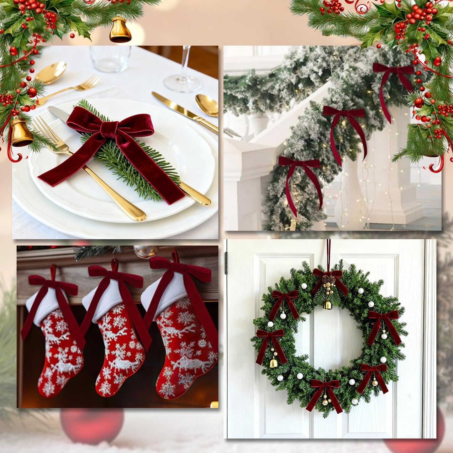24 PCS Red Velvet Bows for Christmas Tree, Red Velvet Bows with Gold Ties, for Christmas Tree Party Front Door Wreath Holiday Indoor Inside Decor