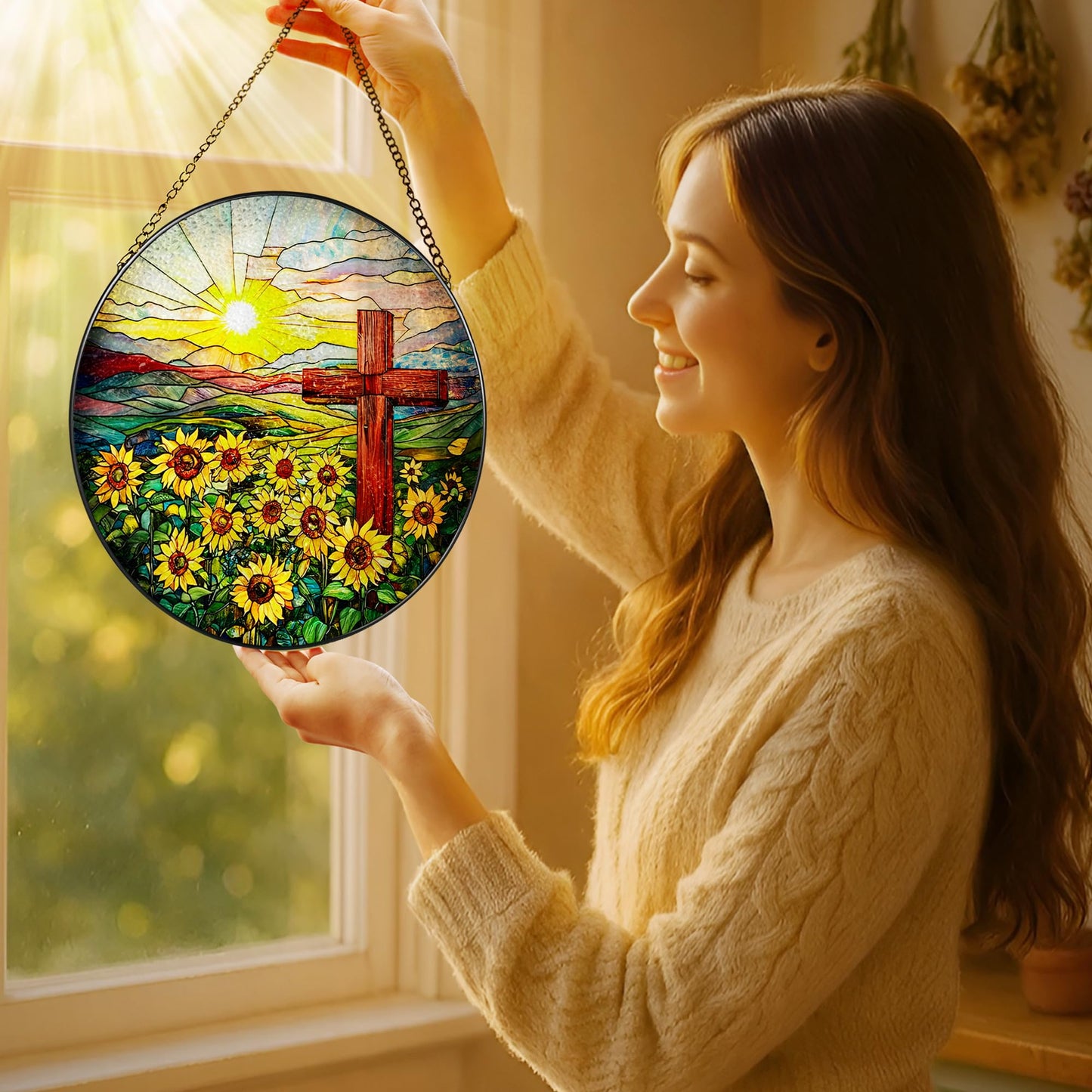 Cross Stained Glass Sun Catcher, Stained Glass Window Hanging, 8 Inch Suncatchers for Windows, Window Hanging Ornament, Easter Faith Home Decor, Cross Gifts, Gift for Religious, Christian Gifts
