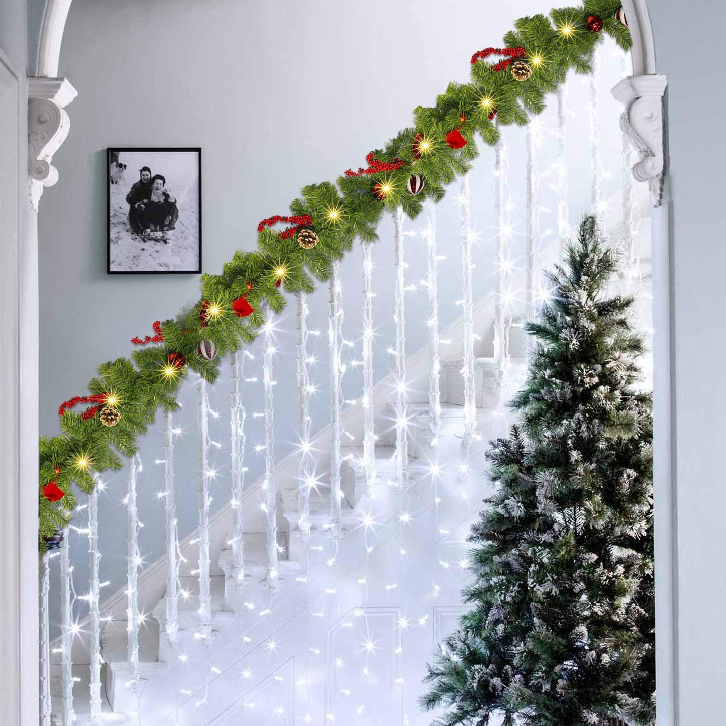 FUNPENY 9 FT Artificial Christmas Garland, Pre-Lit 50 LED Battery Operated Lighted Xmas Garland with 8 Modes for Indoor Holiday Door Home Decorations (Red)