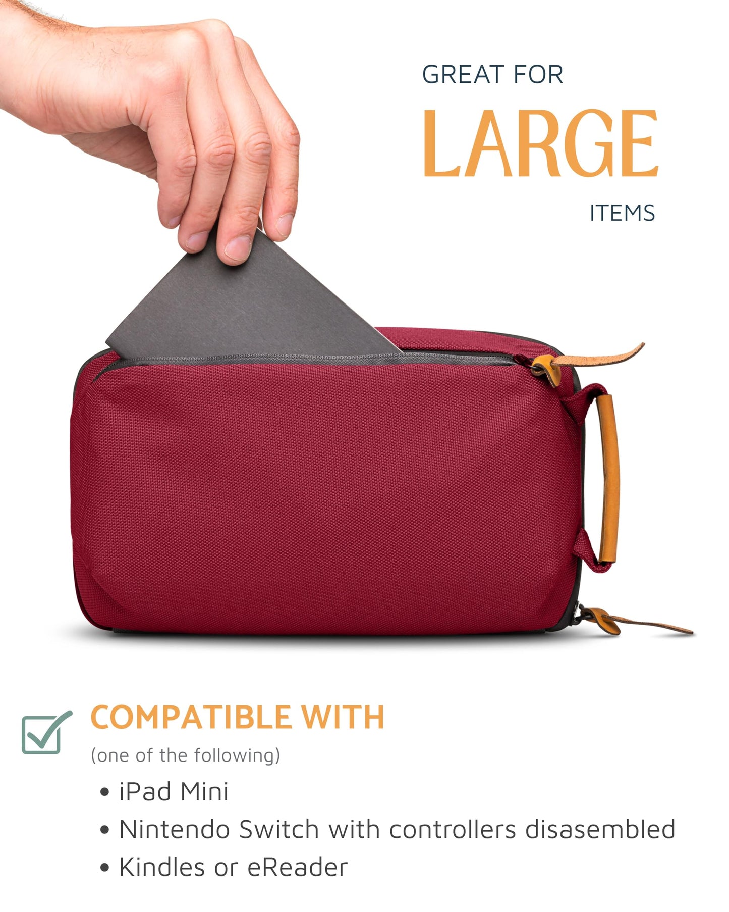 Tech Bag Organizer - Small Electronics Organizer Pouch for Travel - Premium Travel Case with Leather Accents - Mesh Pocket for Cables, Cords and Chargers (Red)