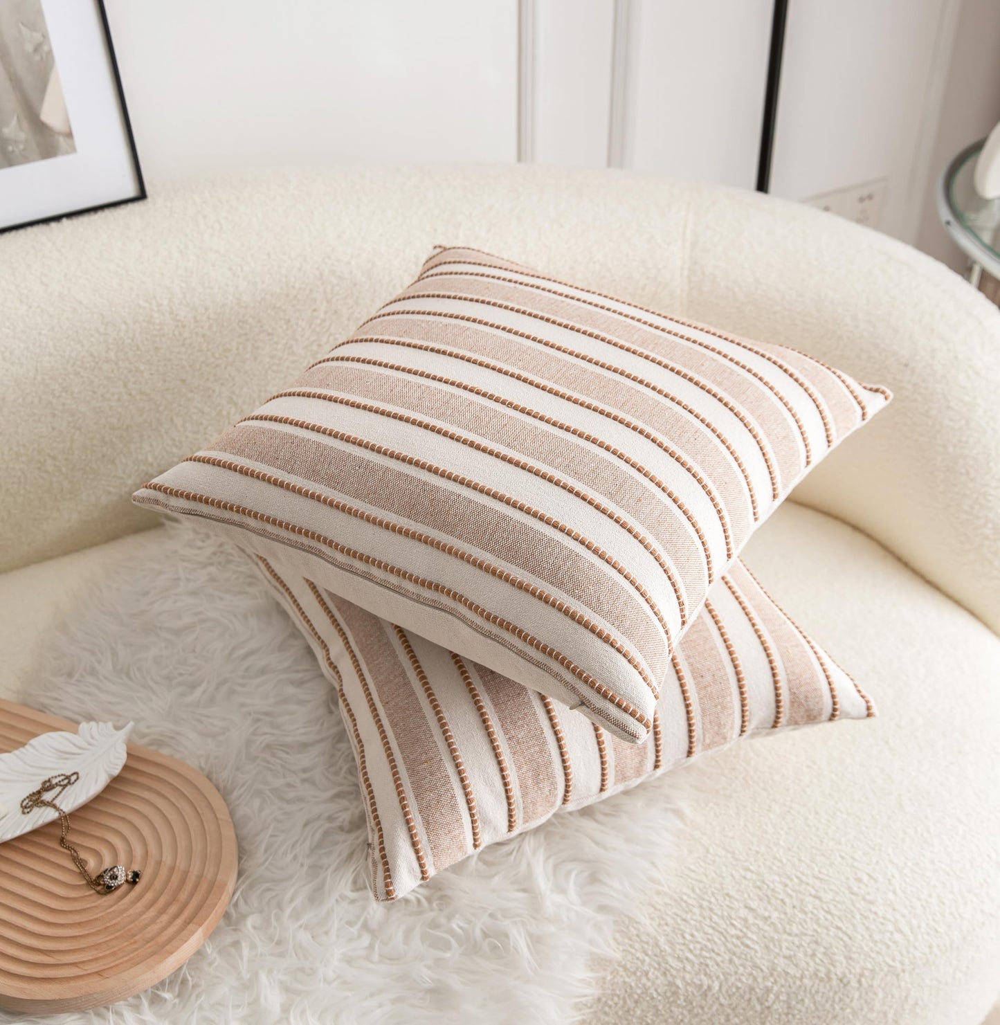 Cethom Decorative Boho Throw Pillow Covers, Farmhouse Textured Pillow Case, 20 x 20 Inch Set of 2, Chair Sofa Bedroom Living Room Home Decor Couch Cushion Case, Brown and Beige Striped