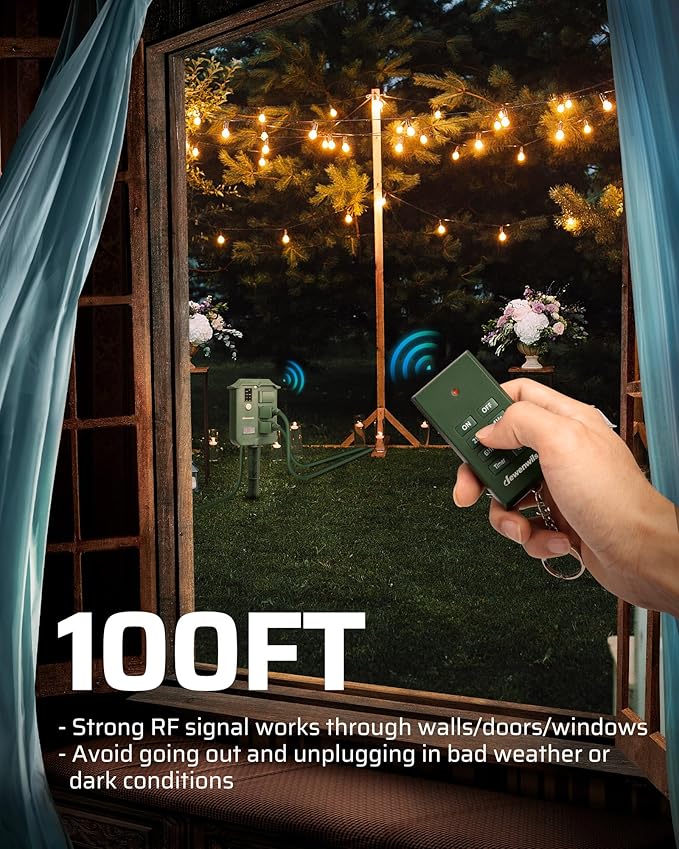 DEWENWILS Outdoor Power Stake Timer Waterproof, 6 Grounded Outlets, 6FT Extension Cord, 100FT Wireless Remote Control, Photocell Dusk to Dawn Timer for Christmas Lights, Garden, UL Listed