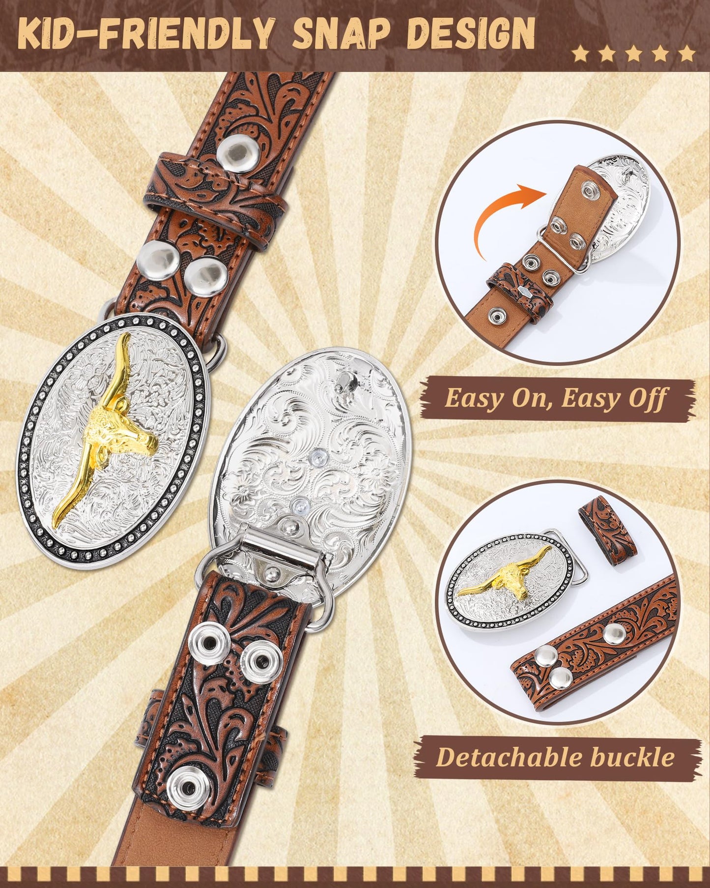 AWAYTR Kids Western Belt with Detachable Buckle - PU Leather, 3 Sizes (23"-34.5"), Adjustable for Daily Wear & Halloween (Cow Buckle-Dark Brown, Fit Waist: 26.5"-30")