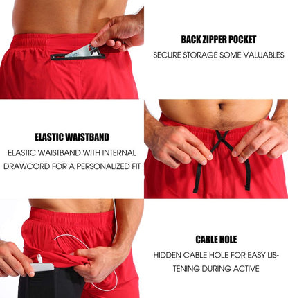 Pudolla Men’s 2 in 1 Running Shorts 5" Quick Dry Gym Athletic Workout Shorts for Men with Phone Pockets(Dark Red Medium)