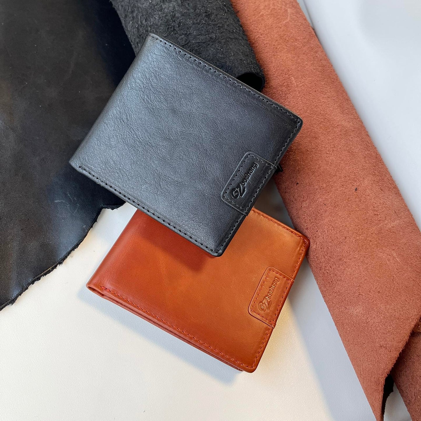 GZBOSHENG Mens Genuine Leather Bifold RFID Blocking Wallet for Men with 2 ID Window 9 Card Holders 2 cash pockets,Includes Gift Box for Father (Black)