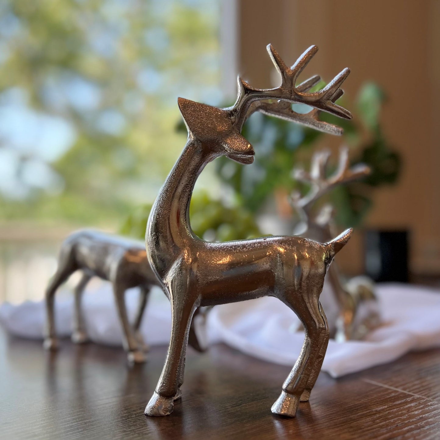 WHW Whole House Worlds Rustic Reindeer Figurines, Set of 3, Handmade, Cast Silver Aluminum, 8.75 Inches