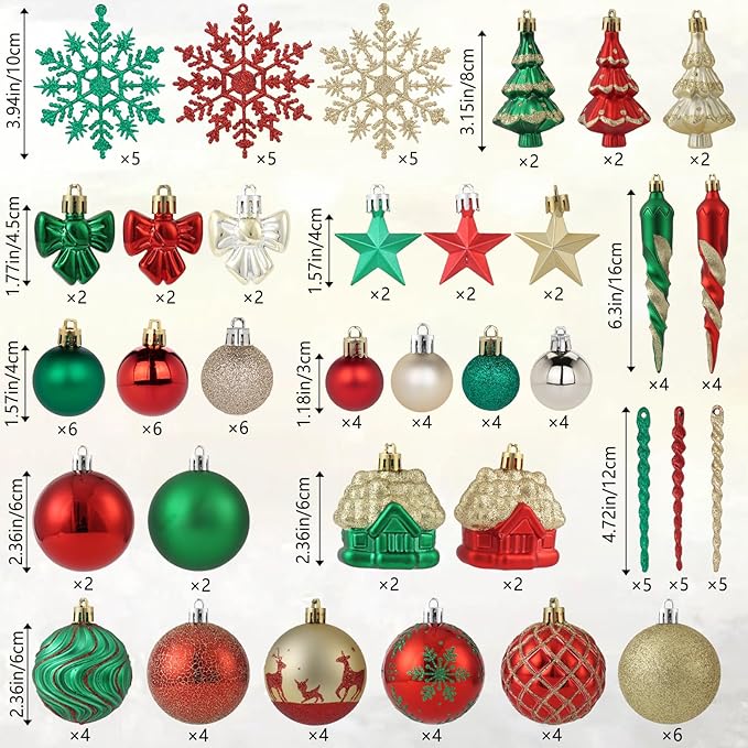 124Ct Red Green and Gold Christmas Ornaments for Tree Set, Shatterproof Assorted Christmas Decorations for Xmas Tree Snowflake Icicle House Ball Ornaments Baubles for Holiday Decor（Red Green Gold）