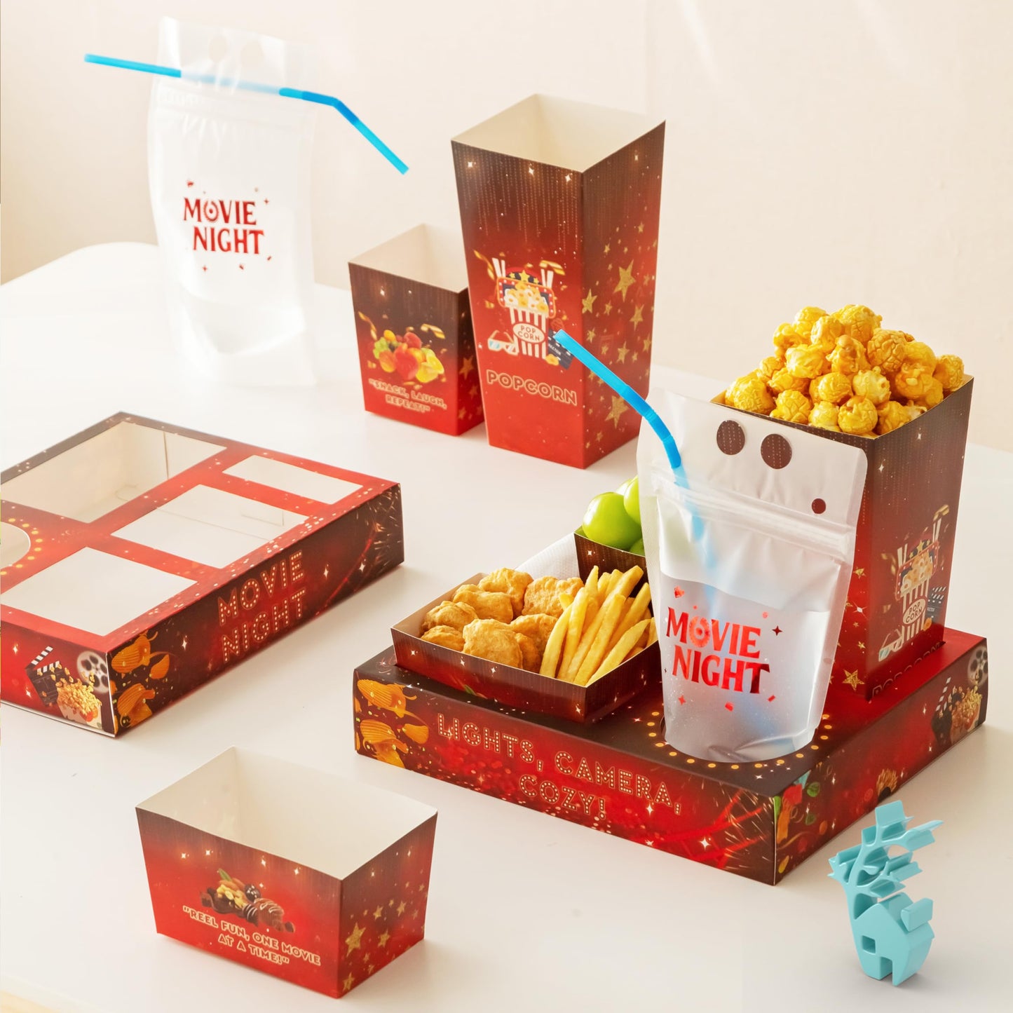 Baffect Movie Night Snack Trays 140pcs, Include Movie Snack Trays, Drink Pouches With Straws, Popcorn Boxes, Salad Bowls, Nacho Bowls & Movie Party Invitations, For 20 Outdoor Movie Night Party Guests
