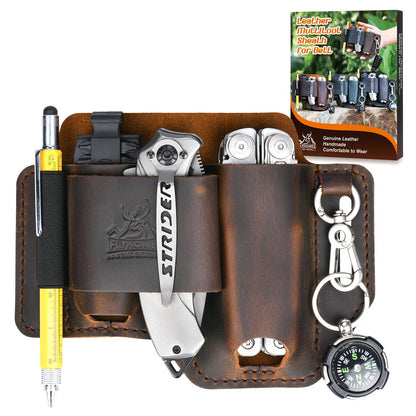 FLYHOMES Genuine Leather Multitool Sheath | Handmade Stitched Belt Organizer for Leatherman Surge | Holds Bit Kit & Extender | Flashlight Holster, Pen & EDC Tools Pouch | Dark Brown
