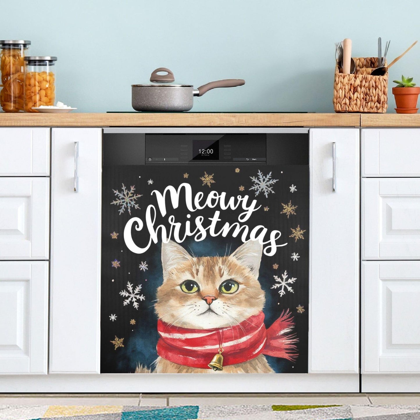 Christmas Cat Dishwasher Stickers Magnetic Cover Winter Snowflake Black Kitchen Fridge Magnet Covers Decals Home Decorations Vinyl Sticker Reusable 23W x 26H inches