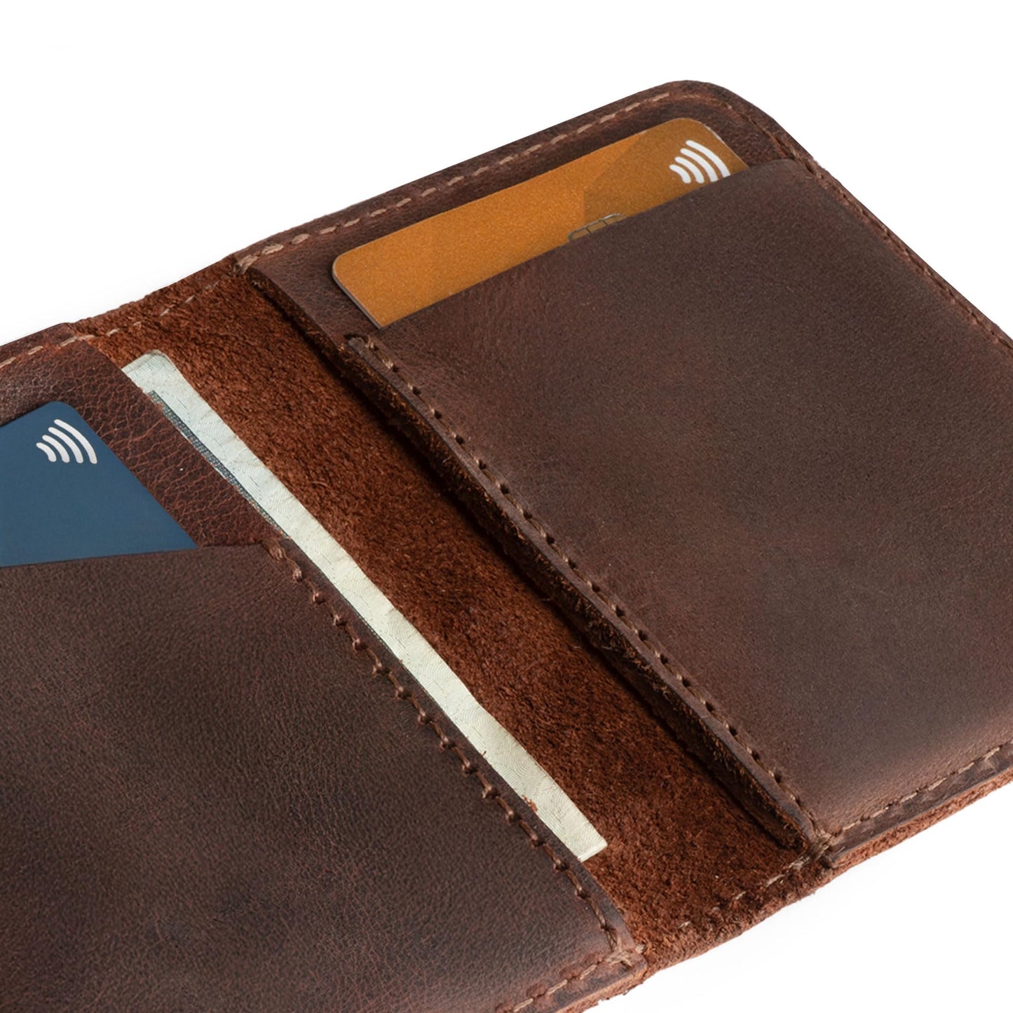 Hide & Drink, Bifold Wallet, Slim Card Holder, Minimalist Traveler Wallet, Vintage Front Pocket Wallet, Full Grain Leather, Handmade, Bourbon Brown