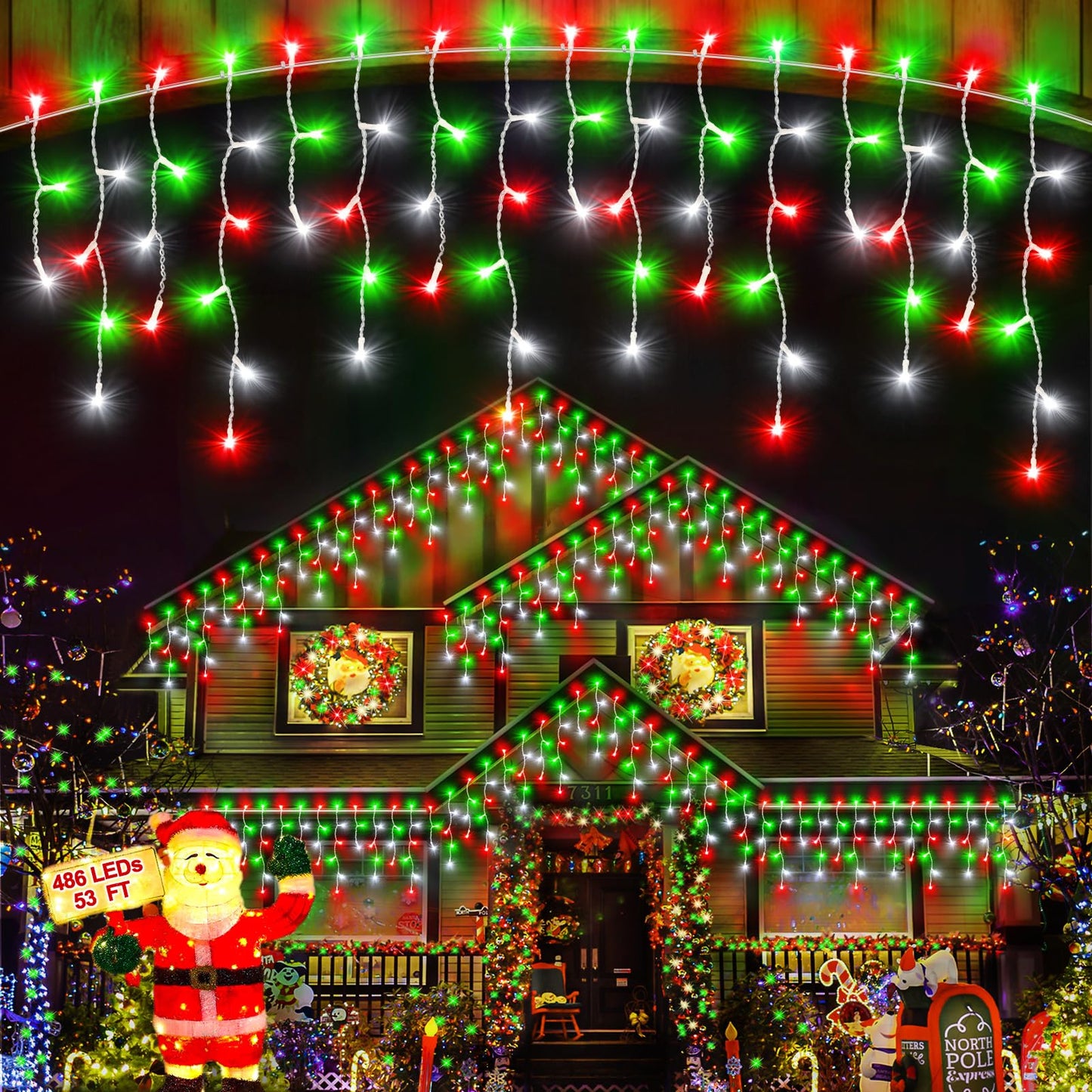 Christmas Lights Outdoor, 53 FT 486 LED Christmas Lights for Outside, Timer & Memory, Plug in 8 Modes Hanging Fairy Light with 108 Drops for House Eaves Yard Patio Decorations, Red Green and White