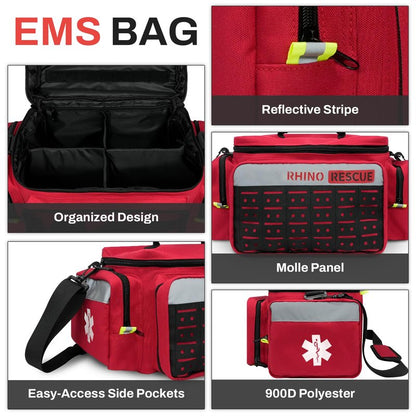 RHINO RESCUE First Responder First Aid Kit Fully-Stocked EMT Bag, Professional EMT/EMS Trauma Medical Kit, Molle System & Reflective Stripe, 300+ First Aid Supplies, Suits for Business, Home (Red)