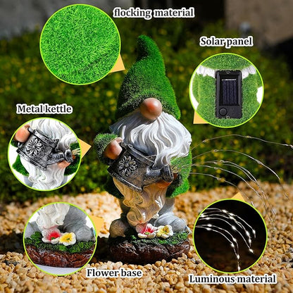 Flocked Solar Garden Gnomes Outdoor Statues-11.8‘’Outdoor Garden Decor-LED Outdoor Decor Light-Unique Housewarming Gifts Yard Art Sculptures for Patio Lawn Ornaments