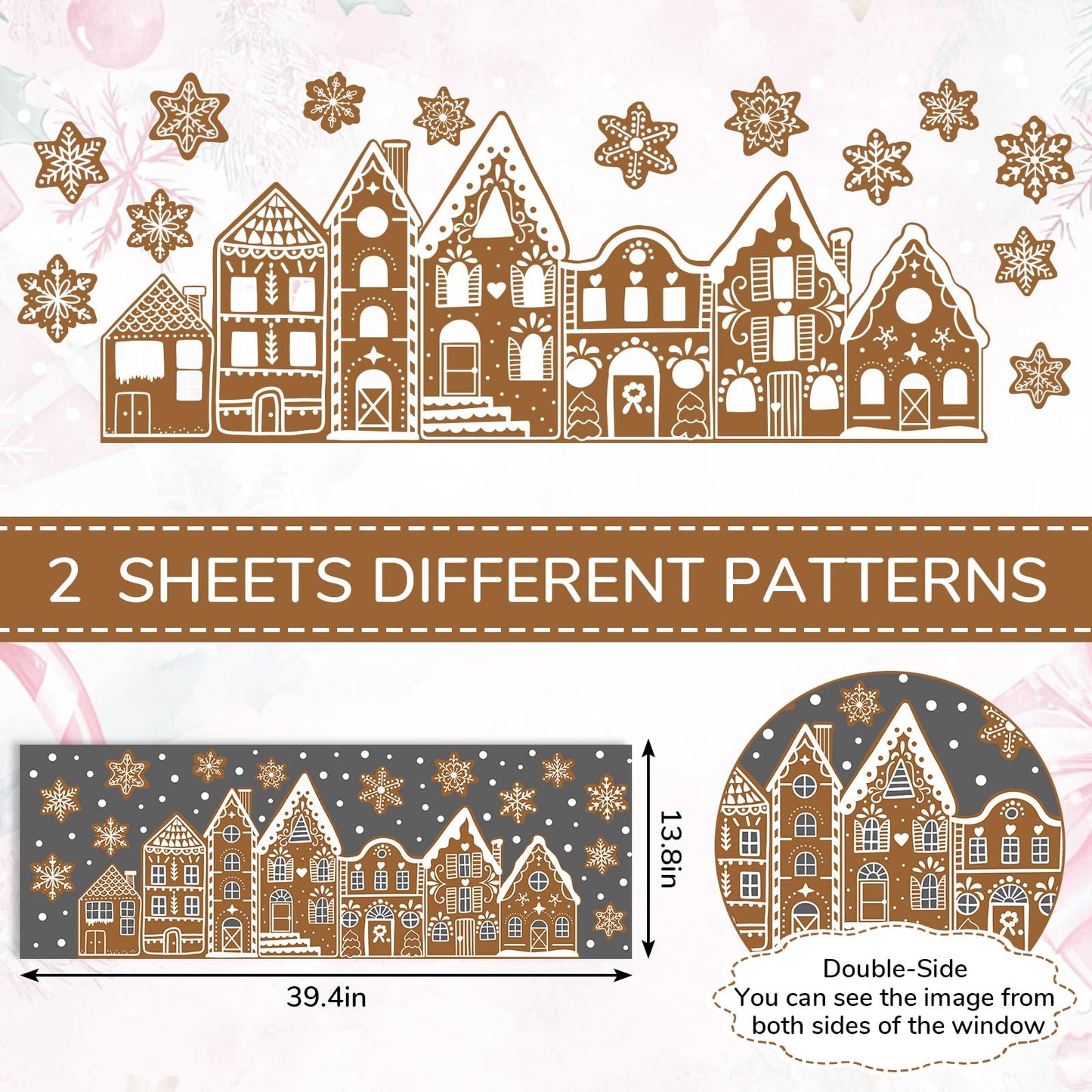 Whaline Christmas Gingerbread Window Cling Stickers Window Decals Brown Gingerbread House Snowflake Reusable Decoration for Xmas Winter Holiday Party Home Classroom, 2 Sheets