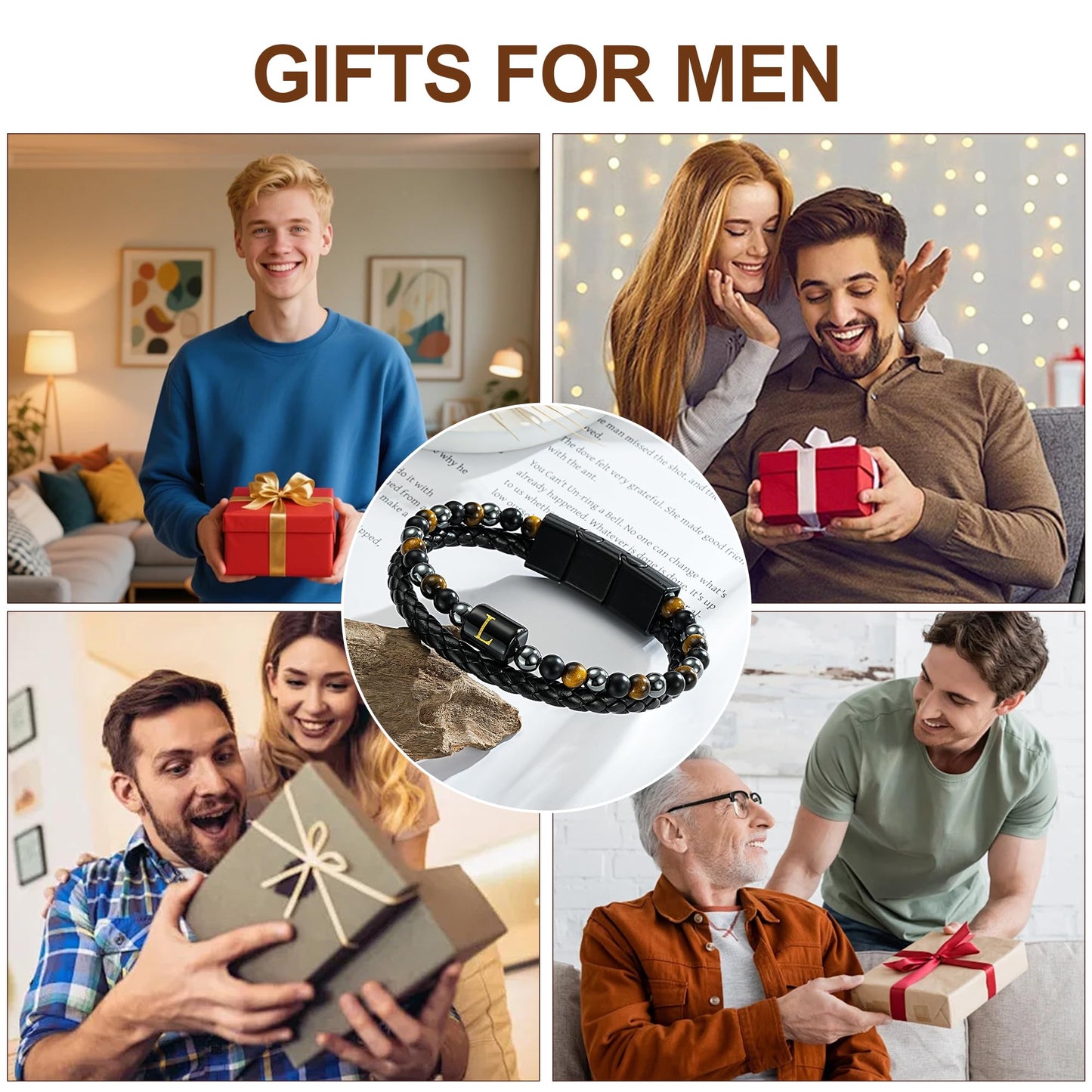 OUTSTHAND Leather Initial Bracelets for Men, Tiger Eye Beaded Bracelets Birthday Gifts for Husband Boyfriend Dad Gifts for Mens Personalized Mens Jewelry Fathers Day Gift for Men