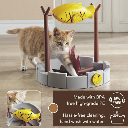 PetPals 11" High Cats Treat-Dispensing Slow Feeder,Pets Dry Food Dispenser,Cats Slow Feeding Snack Bowl, Grilled Fish Spinning Toy, Food Puzzle Cat Toy