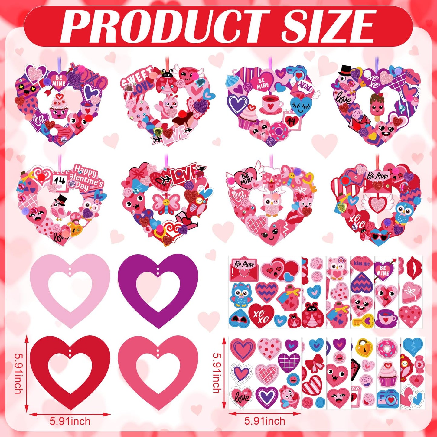 Hollowfly 48 Sets Valentine‘s Day Wreath Craft Kits DIY Wreath Hanging Ornaments Make Your Own Paper Craft with Stickers for Home Party Favors Activities