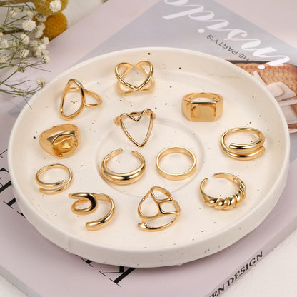 FAXHION 12PCS Gold Stackable Rings Set for Women, 18K Gold Plated Open Stacking Knuckle Ring, Adjustable Chunky Signet Band Statement Ring for Gift