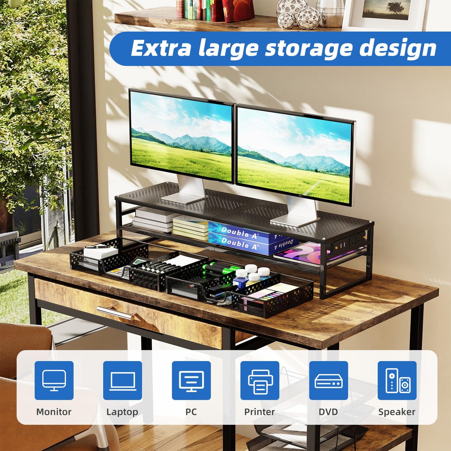 Simple Trending 2 Tier Metal Monitor Stand Riser with USB 2.0 and Charging Prot , Computer Office Desktop Organizer for 2 Monitors with 2 Drawer Storage and Reusable Cable Ties for Printer, TV, Black