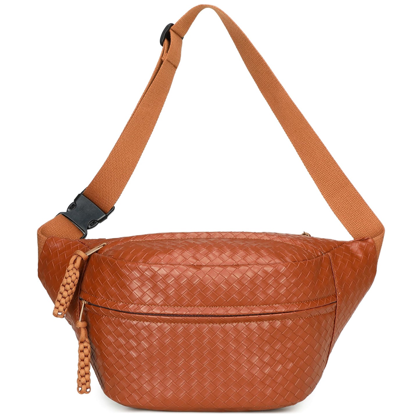 Sling Bag for Women Men,Woven Leather Fashionable Fanny Pack Crossbody Bags with Adjustable Shoulder Strap Chest Packs for Travel Cycling Work Sport Hiking Gym,Large-Brown