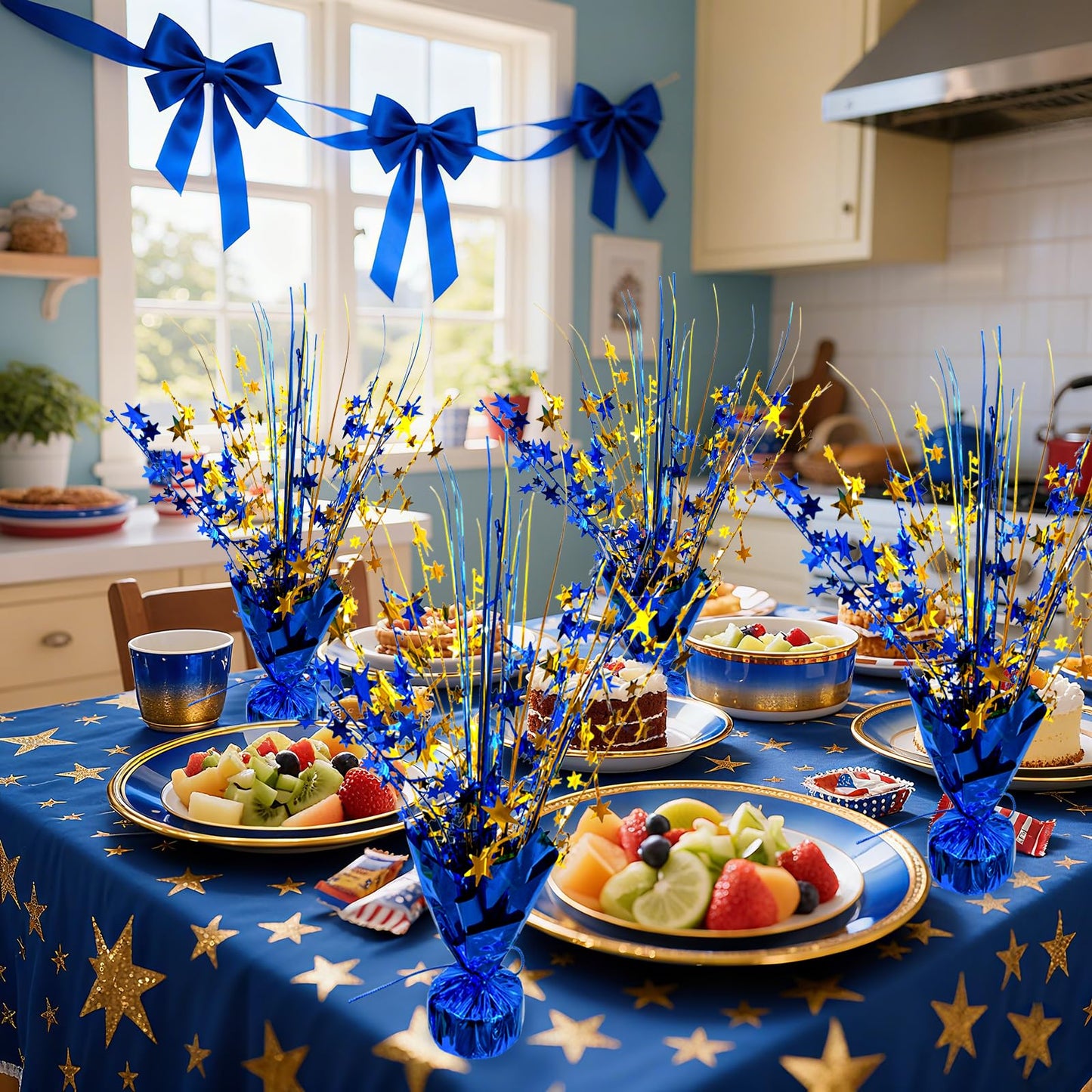 YinNorth 6 Pack Metallic Foil Spray Table Centerpiece Decoration Star Brust Glitter Table Topper Decor for Birthday Graduation Holiday Christmas New Year's Eve Celebration Party Supplies Gold and Blue